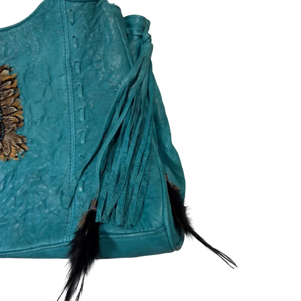 Viva of California Teal Leather Boho Fringe Feather Tote Bag Handcrafted USA NWT